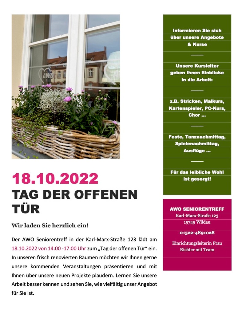 Tag der offenen Tür im AWO-Seniorentreff, Wildau Tag der offenen Tür im AWO-Seniorentreff, Wildau